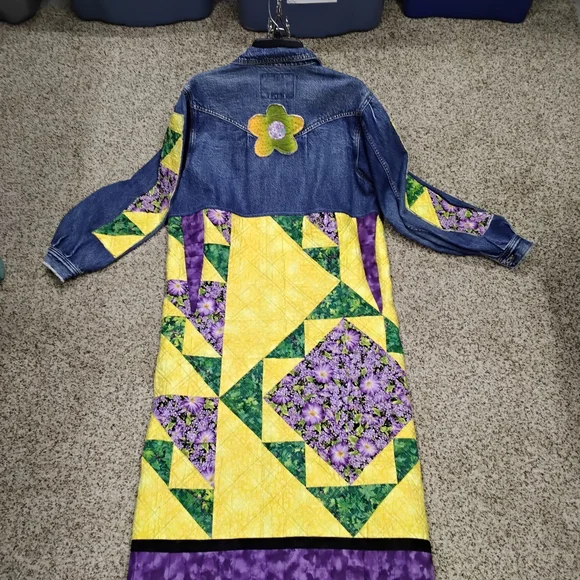 American Eagle Outfitters Patchwork Denim Jacket with Purple and Yellow Accents